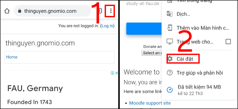 Bấm biểu tượng dấu ba chấm (⋮) ở góc trên bên phải, rồi chọn Cài đặt