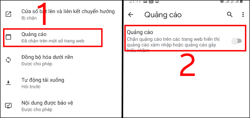 Quay lại màn hình Cài đặt trang web trước đó, chọn mục Quảng cáo