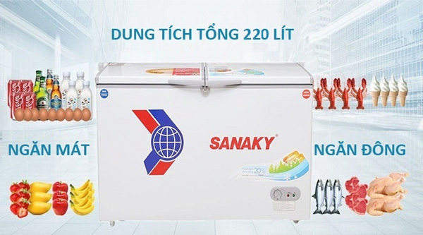 Tủ đông Sanaky 220 lít VH 2899W1 có 2 ngăn với dung tích là 220 lít