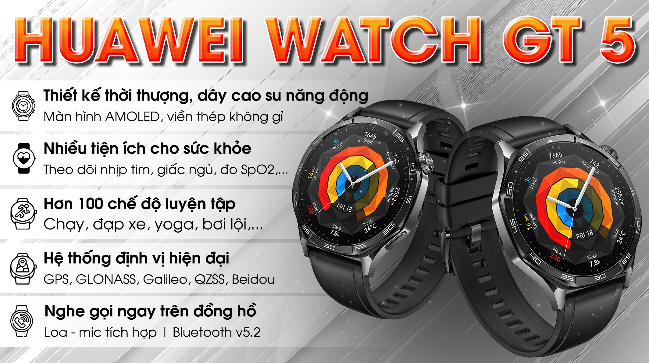 Đồng hồ thông minh Huawei Watch GT 5 46mm viền thép dây cao su phát nhạc độc lập, điều khiển dễ dàng ngay từ cổ tay, không cần điện thoại