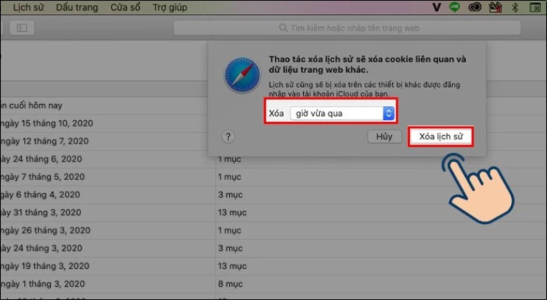 Nhấn vào xoá lịch sử