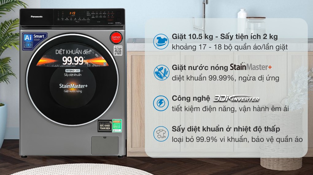 Máy giặt Panasonic Inverter giặt 10.5 kg - sấy tiện ích 2 kg NA-V105FC1LV có tích hợp chức năng sấy và khả năng tiết kiệm điện - vận hành êm ái, an tâm cho người dùng Máy giặt Panasonic Inverter giặt 10.5 kg - sấy tiện ích 2 kg NA-V105FC1LV có tích hợp chức năng sấy và khả năng tiết kiệm điện - vận hành êm ái, an tâm cho người dùng