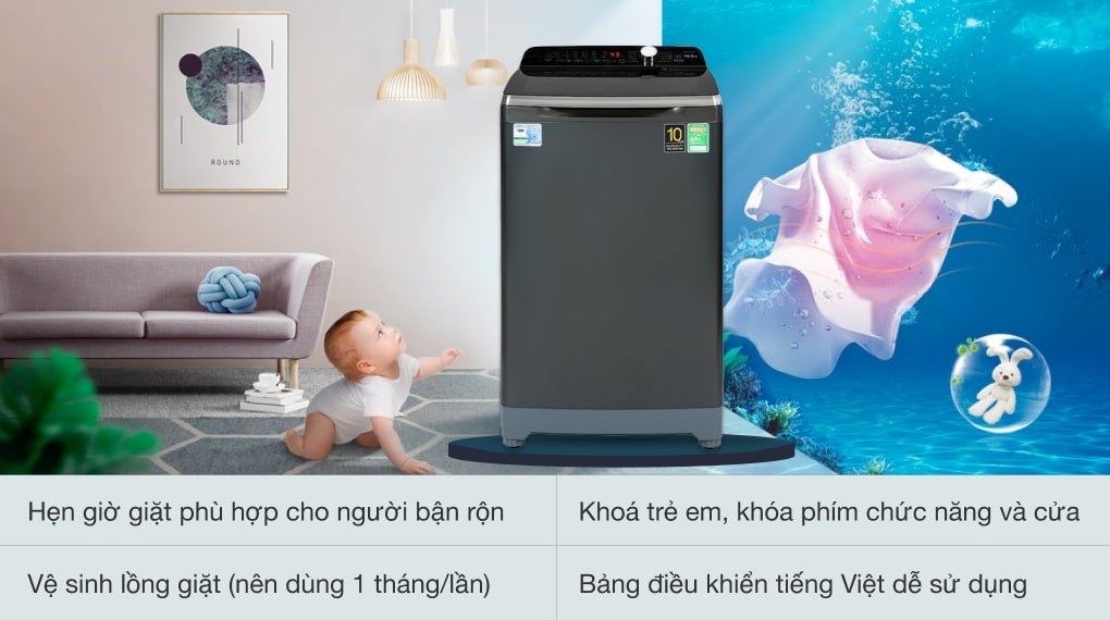 Máy giặt Aqua Inverter 10.5 KG AQW-DR105FT BK Máy giặt Aqua Inverter 10.5 KG AQW-DR105FT BK với bảng điều khiển tiếng Việt vô cùng tiện lợi, dễ sử dụng