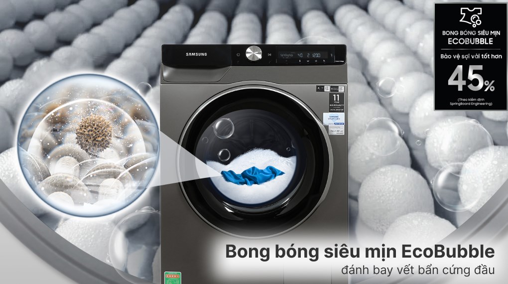 Máy giặt Samsung AI Inverter 10 kg WW10T634DLX/SV với công nghệ Ecobubble giúp đánh bật các vết bẩn cứng đầu, loại bỏ cặn bám, vết loang chất giặt tẩy