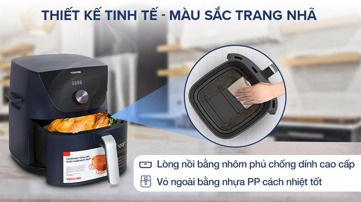 Nồi chiên không dầu Toshiba AF-74CS2SRVN(B) 7.4 lít có kiểu dáng sang trọng với gam màu xanh đen bắt mắt, tô điểm cho không gian bếp Nồi chiên không dầu Toshiba AF-74CS2SRVN(B) 7.4 lít có kiểu dáng sang trọng với gam màu xanh đen bắt mắt, tô điểm cho không gian bếp