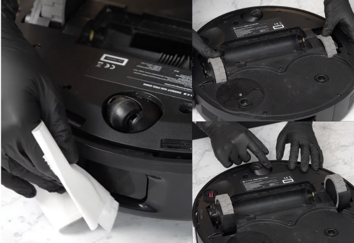 Lau cảm biến và kiểm tra bánh xe của robot hút bụi