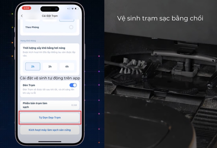 Bạn có thể vệ sinh trạm sạc bằng app hoặc dùng chổi vệ sinh trực tiếp