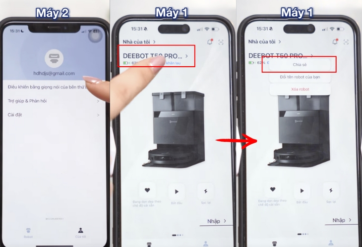 Nhấn vào tên sản phẩm và nhấn vào nút chia sẻ để tiến hành chia sẻ quyền điều khiển giữa 2 máy