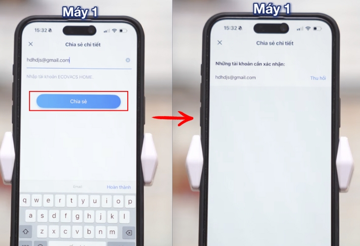 Nhập email đăng nhập của máy số 2 vào máy 1 và nhấn vào Chia sẻ