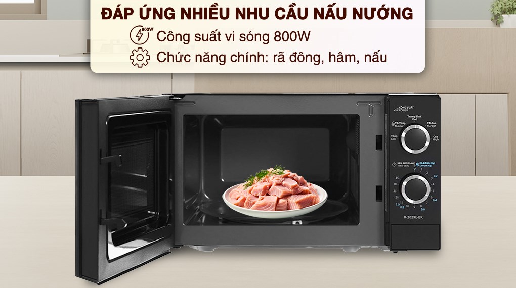 Lò vi sóng Sharp R-2029E-BK 20 lít có công suất vi sóng 800W đáp ứng nhu cầu rã đông, hâm nóng và nấu thức ăn cơ bản Lò vi sóng Sharp R-2029E-BK 20 lít có công suất vi sóng 800W đáp ứng nhu cầu rã đông, hâm nóng và nấu thức ăn cơ bản