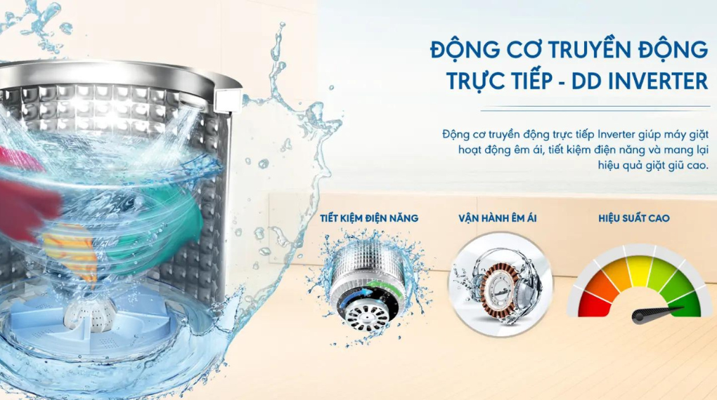 Máy giặt Aqua Inverter 11 kg AQW-DR110JT BK - DD Inverter Máy giặt Aqua Inverter 11 kg AQW-DR110JT BK sử dụng động cơ truyền động trực tiếp, giúp máy hoạt động êm ái, tiết kiệm điện năng và có hiệu quả giặt giũ cao