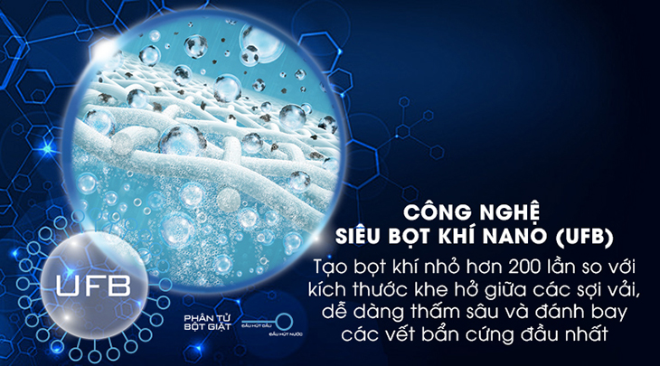Công nghệ UFB siêu bọt khí NANO giúp loại bỏ vết bẩn cứng đầu hiệu quả.