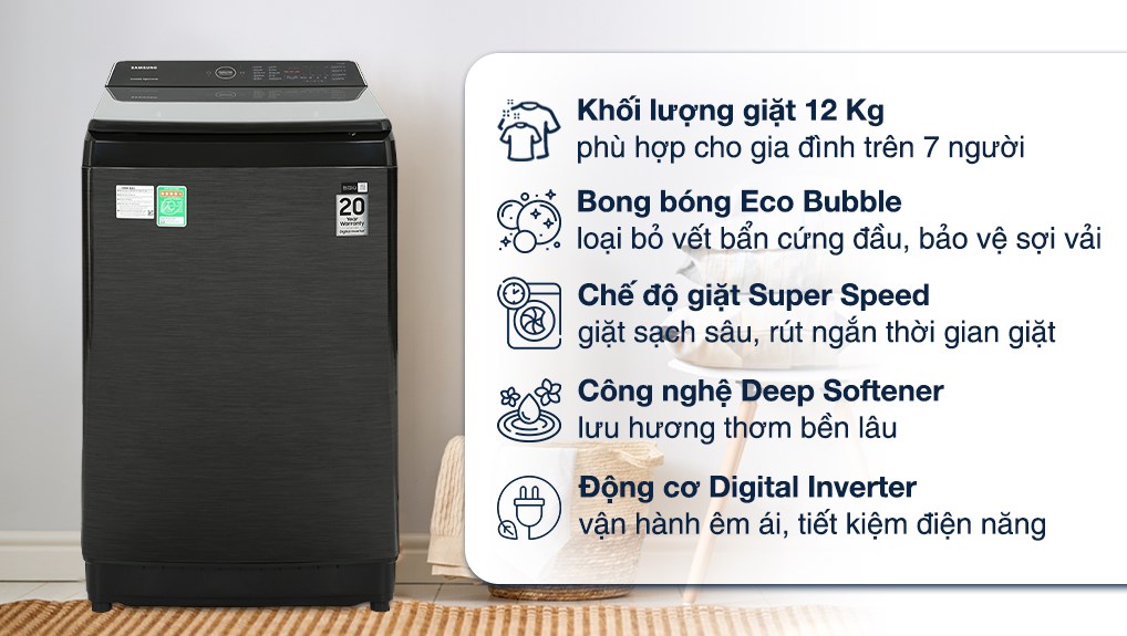 Máy giặt Samsung Inverter 12 kg WA12CG5745BVSV sở hữu khối lượng giặt 12 kg, thích hợp sử dụng cho những gia đình trên 7 thành viên