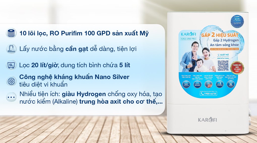 Máy lọc nước RO Karofi KAQ-U98 Pro 10 lõi có dạng để bàn nhỏ gọn, công suất lọc lớn 20 lít/giờ đáp ứng nhu cầu sử dụng nước liên tục Máy lọc nước RO Karofi KAQ-U98 Pro 10 lõi có dạng để bàn nhỏ gọn, công suất lọc lớn 20 lít/giờ đáp ứng nhu cầu sử dụng nước liên tục