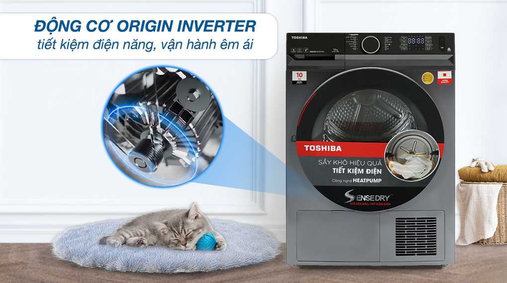 Máy sấy bơm nhiệt Toshiba 10 kg TD-BK110GHV(MK) sử dụng động cơ Origin Inverter giúp tiết kiệm điện năng hiệu quả