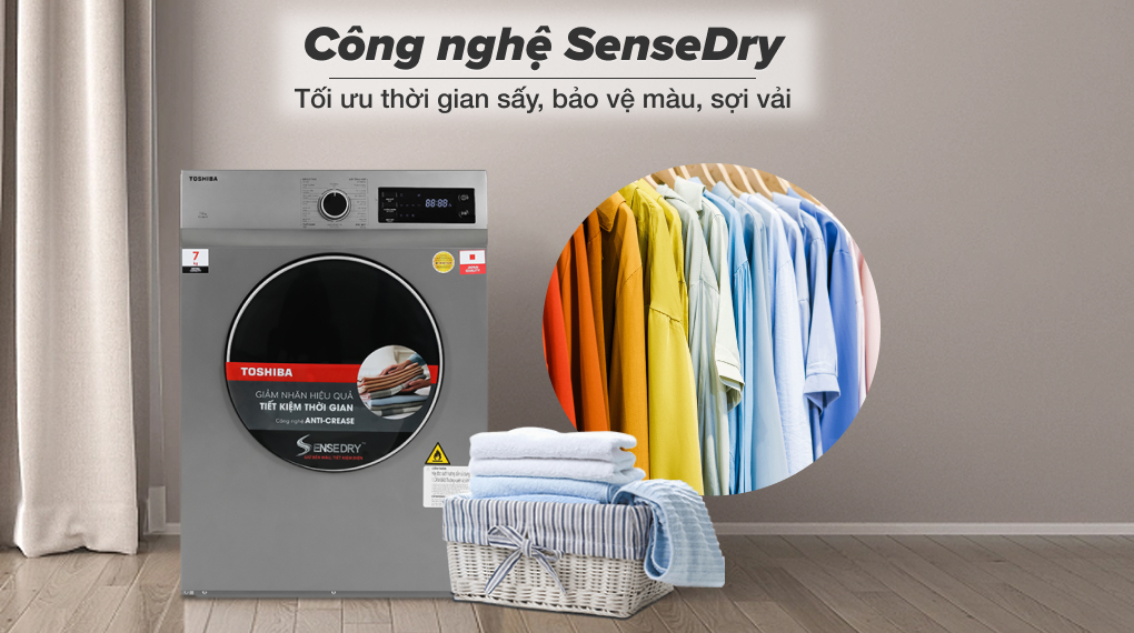 Máy sấy thông hơi 7 kg Toshiba TD-H80SEV(SK) tối ưu thời gian sấy, đảm bảo đồ sấy không bị sấy khô quá mức, bảo vệ màu, sợi vải, tiết kiệm điện hiệu quả