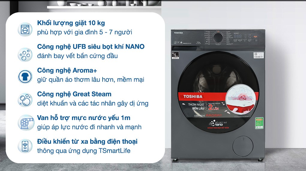 Máy giặt Toshiba inverter 9.5 kg TW-BL105A4V(SS) tích hợp 12 chương trình giặt phục vụ đa dạng nhu cầu giặt giũ