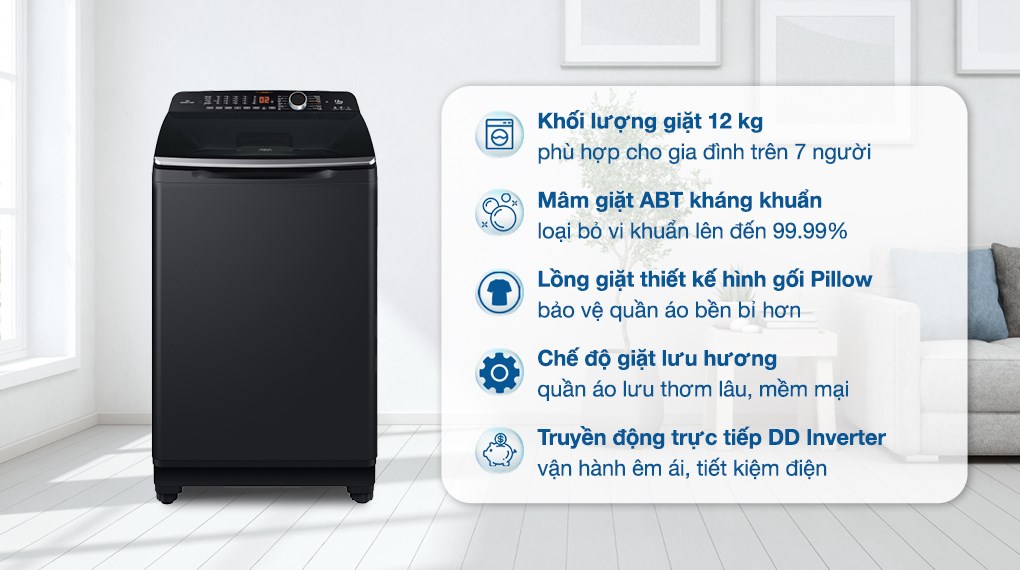 Máy giặt Aqua Inverter 12 kg AQW-DR120HT BK Máy giặt Aqua Inverter 12 kg AQW-DR120HT BK được nhiều người yêu thích bởi việc bỏ quần áo vào tiện lợi