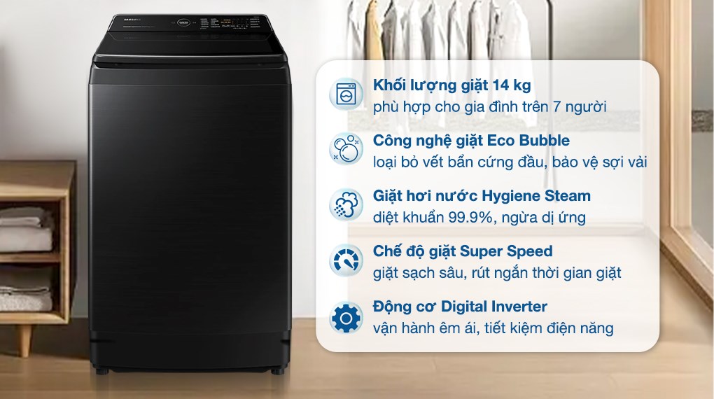 Máy giặt Samsung Inverter 14 kg WA14CG5886BVSV được tích hợp công nghệ Ecobubble, giúp tiết kiệm điện năng hiệu quả