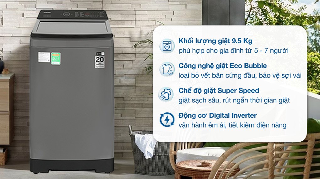 Máy giặt Samsung Inverter 9.5 kg WA95CG4545BDSV có kiểu lồng giặt đứng, phù hợp cho mọi không gian lắp đặt