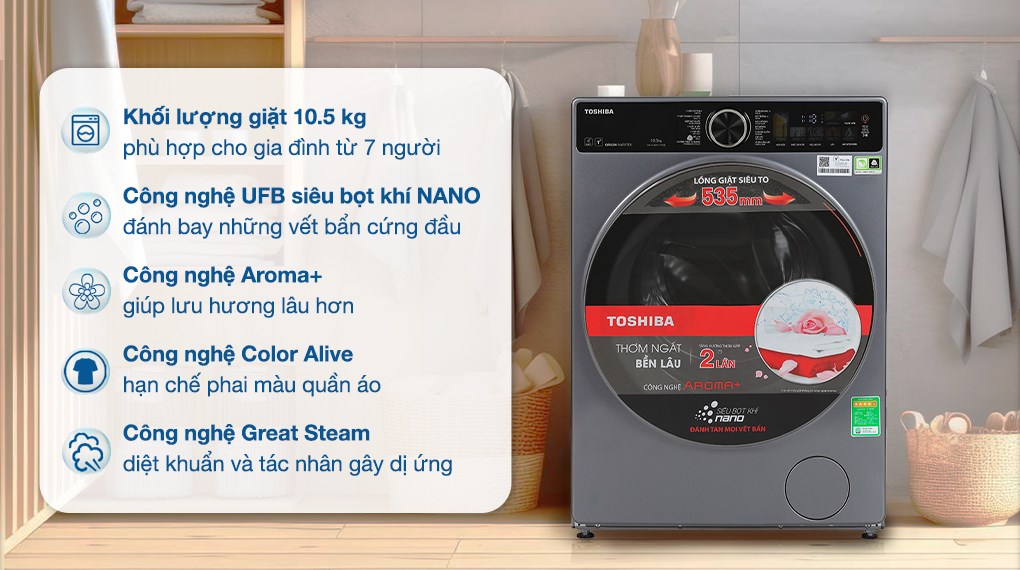 Máy giặt Toshiba Inverter 10.5 kg TW-T25BZU115MWV(MG) có khối lượng giặt 10.5 Kg phù hợp cho gia đình có nhiều thành viên