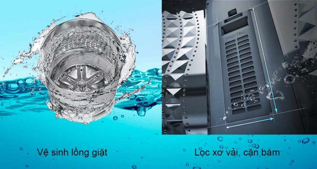 Máy giặt Samsung cửa trên 9,5kg WA95CG4545BDSV và quá trình làm sạch lồng giặt tự động