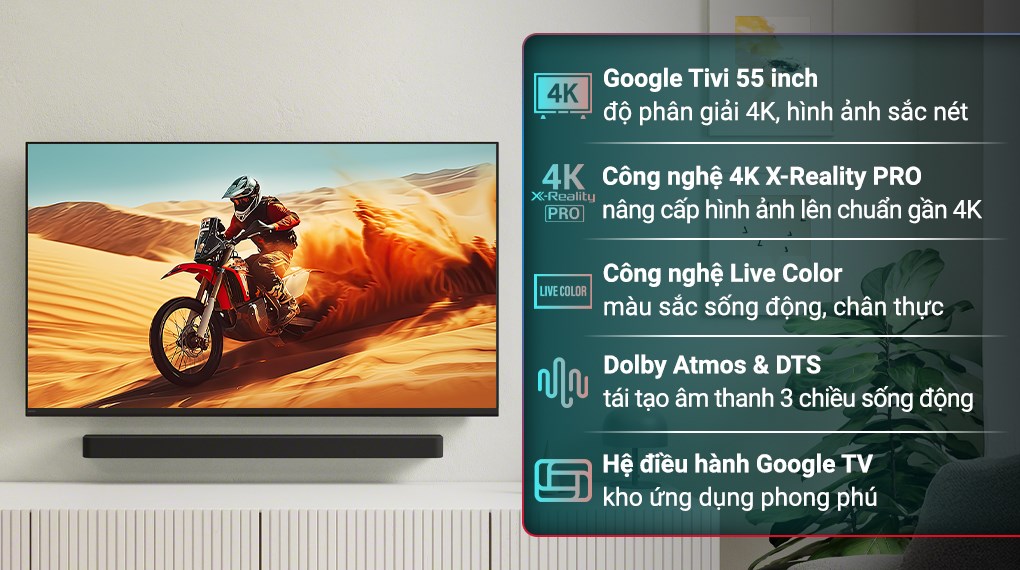 Google Tivi Sony 4K 55 inch mang lại hình ảnh sắc nét sống động, vừa vặn cho phòng vừa Google Tivi Sony 4K 55 inch mang lại hình ảnh sắc nét sống động, vừa vặn cho phòng vừa