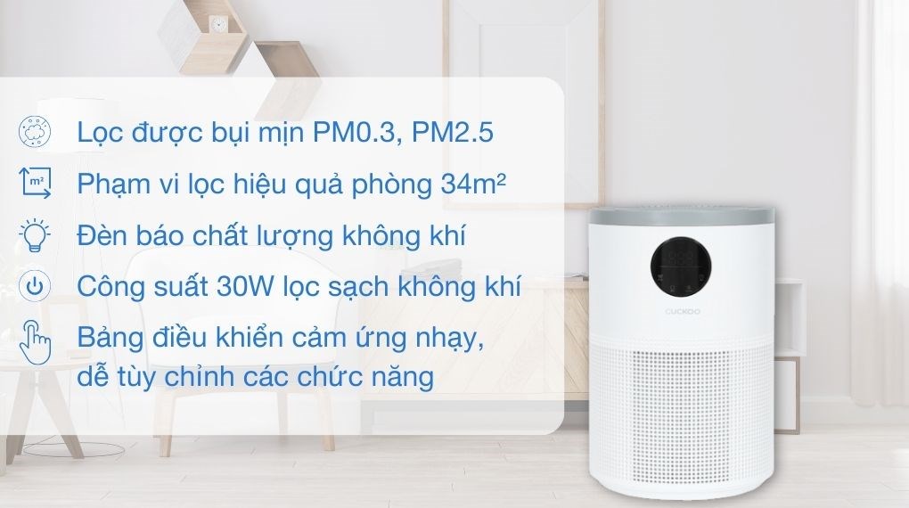 Máy lọc không khí Cuckoo CAC-AF1110FW/WHCKV 30W có khả năng diệt khuẩn hiệu quả với Ionizer, hiển thị chất lượng không khí qua 3 màu đèn trực quan