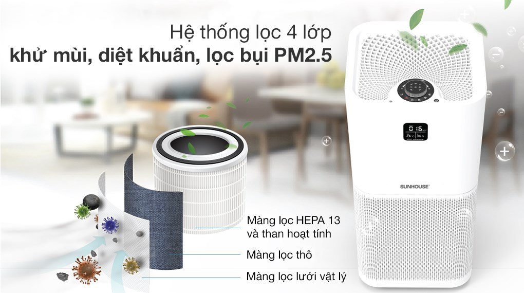 Máy lọc không khí Sunhouse SHD-60AP9760 48W sở hữu bộ lọc 4 lớp