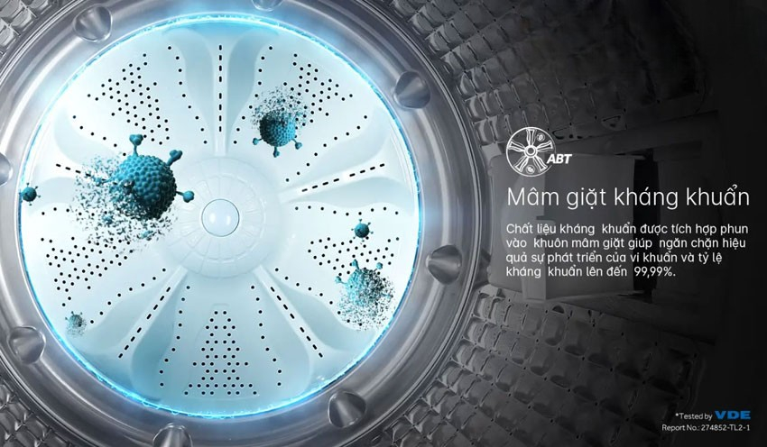 Máy giặt Aqua cửa trên AQW-FR120HT.BK được trang bị mâm giặt kháng khuẩn ABT.