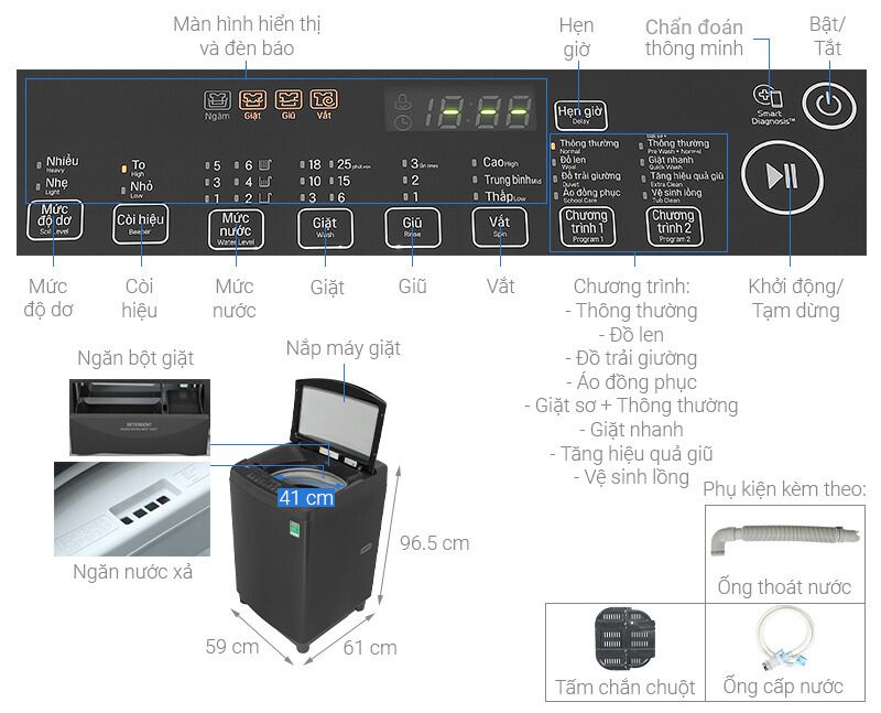 Tổng quan bảng điều khiển của máy giặt LG 10kg T2310VS2B