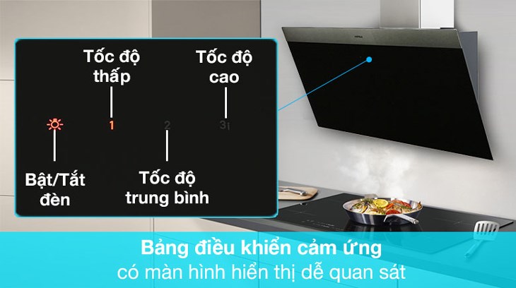 Máy hút mùi áp tường Hafele HH-WVG90C (533.89.013) sử dụng bảng điều khiển cảm ứng dễ dàng theo dõi và chỉ cần chạm nhẹ để chỉnh chức năng