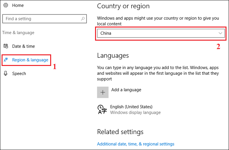 Chọn mục Region & language