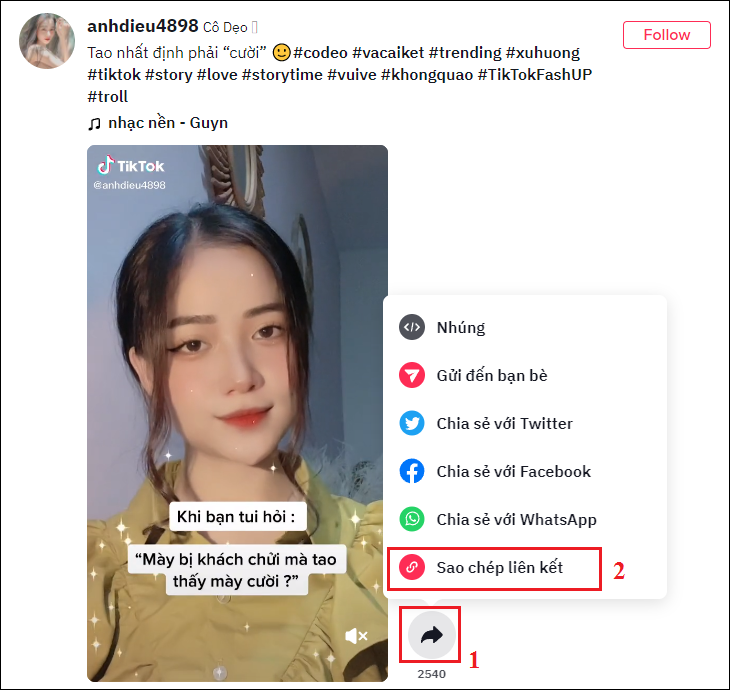Nhấn vào biểu tượng Chia sẻ, Chọn Sao chép liên kết