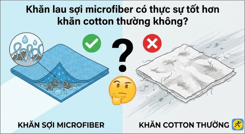 Sợi microfiber có khả năng hút bụi bẩn, dầu mỡ và nước vượt trội hơn hẳn