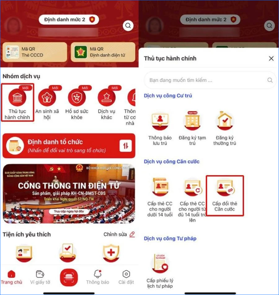 Mở ứng dụng VNeID, đăng nhập tài khoản và chọn thủ tục Cấp đổi thẻ căn cước ngay trên màn hình chính