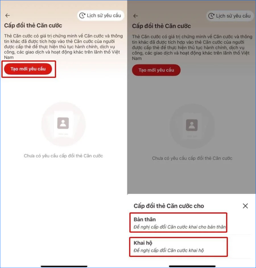Tạo mới yêu cầu, chọn làm cho bản thân hoặc khai hộ, kiểm tra thông tin trích xuất từ CSDL dân cư