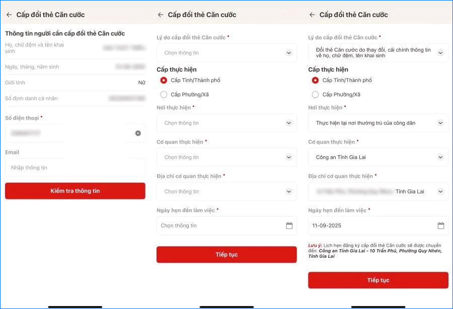 Chọn lý do cấp đổi CCCD và cơ quan công an thuận tiện để thu nhận ảnh, vân tay, mống mắt