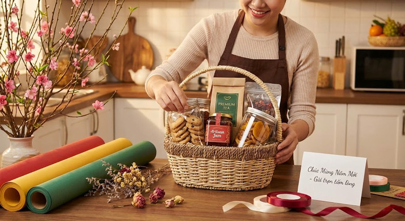 Tự tay làm giỏ quà Tết giúp thể hiện sự chân thành, cá nhân hóa món quà và tạo dấu ấn riêng ý nghĩa Tự tay làm giỏ quà Tết giúp thể hiện sự chân thành, cá nhân hóa món quà và tạo dấu ấn riêng ý nghĩa