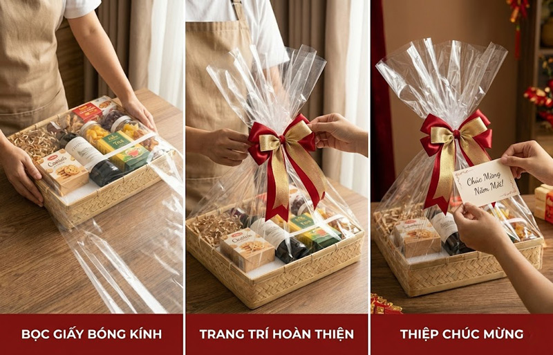 Xếp sản phẩm lớn phía sau, nhỏ phía trước tạo bố cục cân đối, giúp giỏ quà đầy đặn, đẹp mắt Bọc giấy kính gọn gàng, thắt nơ tinh tế và kèm thiệp chúc giúp giỏ quà Tết thêm sang trọng