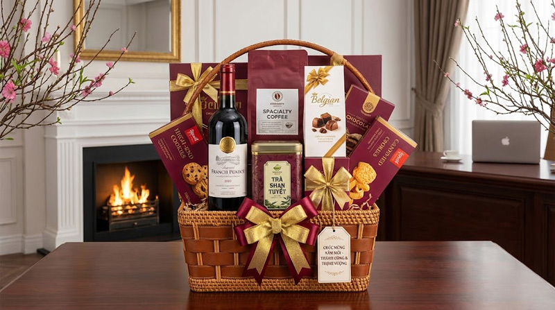 Bọc giấy kính gọn gàng, thắt nơ tinh tế và kèm thiệp chúc giúp giỏ quà Tết thêm sang trọng Kết hợp rượu vang, trà cao cấp, socola nhập khẩu, giỏ quà toát lên sự tinh tế và đẳng cấp