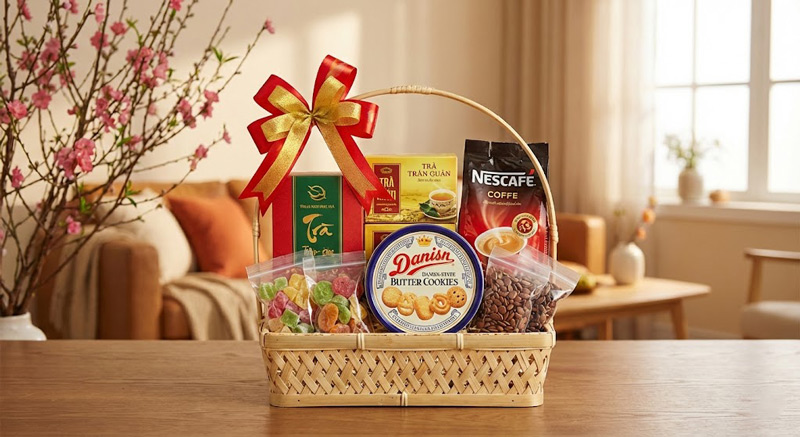 Chọn bánh mứt, trà, cà phê thiết thực, sắp xếp khéo léo giúp giỏ quà tiết kiệm vẫn ấm áp Chọn bánh mứt, trà, cà phê thiết thực, sắp xếp khéo léo giúp giỏ quà tiết kiệm vẫn ấm áp