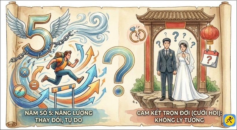 Năm số 5 mang năng lượng của sự thay đổi và tự do, không hoàn toàn lý tưởng cho sự cam kết trọn đời như cưới hỏi