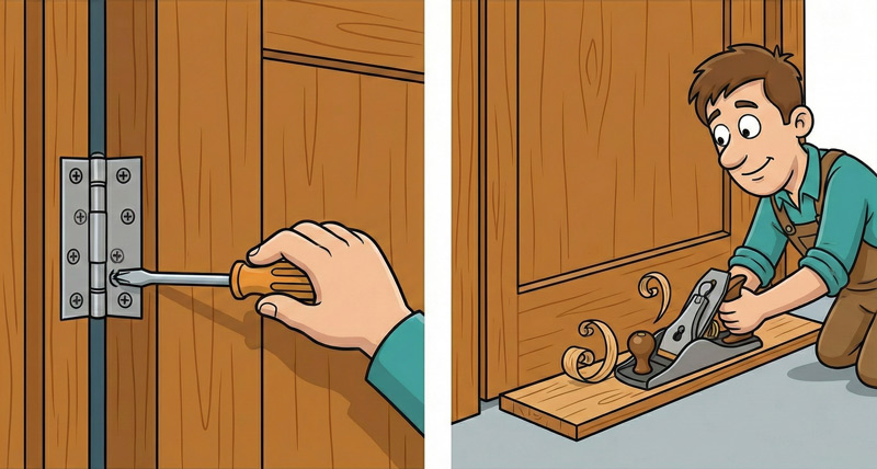 Cửa xệ làm lệch chốt khóa, nâng cửa hoặc siết bản lề giúp vặn chìa và mở cửa dễ dàng