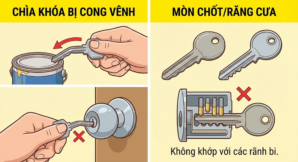 Chìa bị cong, mòn do dùng sai cách khiến răng không khớp bi khóa, dẫn đến vặn không mở