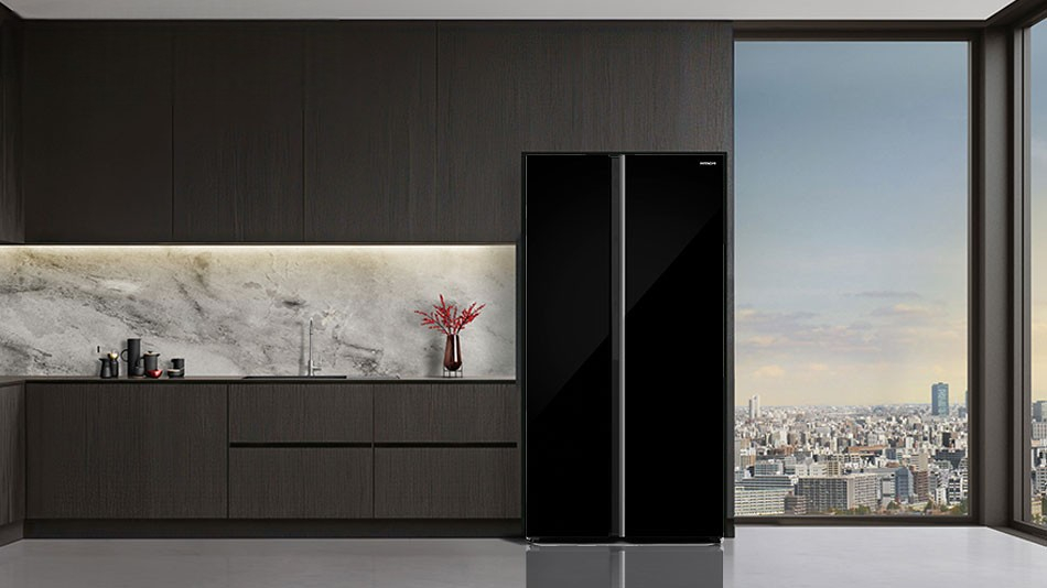 Tủ lạnh Hitachi HRSN9713ESGBKVN 2 cánh với thiết kế mặt kính đen với hai cửa mở song song